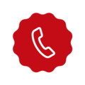 Red telephone receiver on a white background in a round badge.